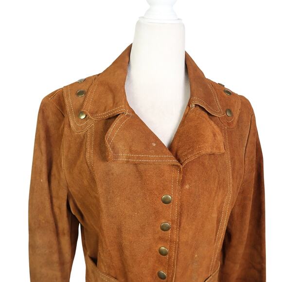 Vintage 70s Brown Suede Leather Studded Western Jacket Belted Boho Coat S - Picture 2 of 5